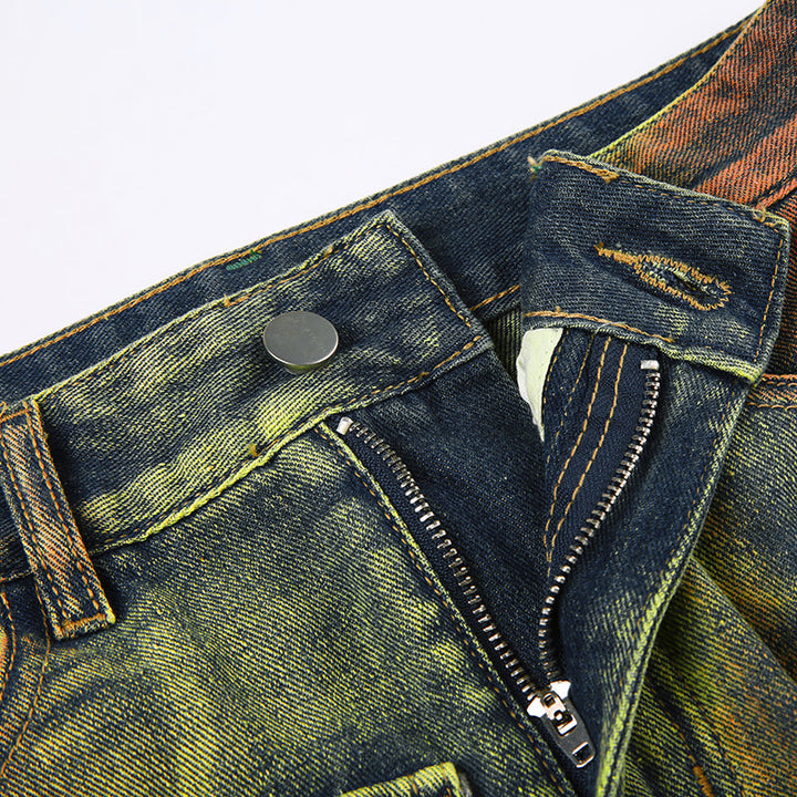 Jupe cargo en jean bleu vert avec fermeture éclair - Femme. Multipoches à l'avant. Coupe droite, silhouette féminine et urbaine. Disponible du S au L.