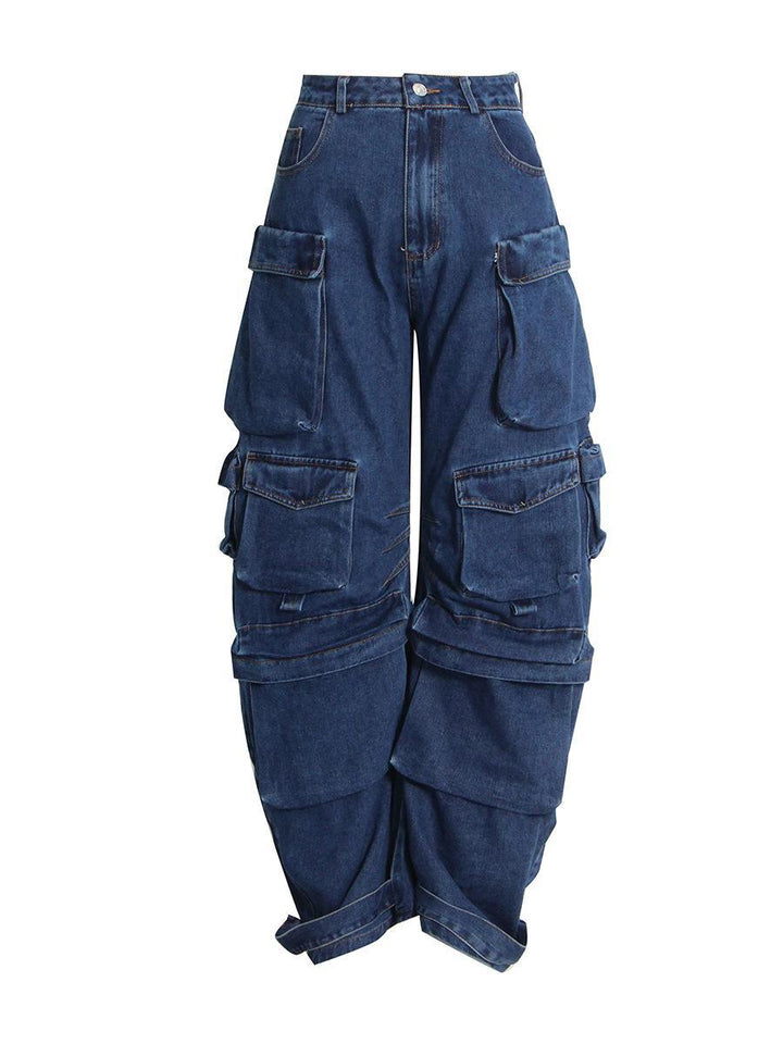 Jean cargo baggy taille basse pour femme, bleu. Jambes larges et évasées avec poches cargo sur les jambes. Confortable et tendance, résistant en coton et polyester. Disponible du S au 2XL.