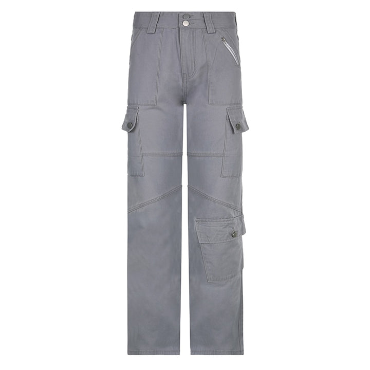 Un pantalon cargo ajusté flare gris pour femme avec poches utilitaires. Mettez en valeur votre silhouette avec ce pantalon taille haute. Coupe évasée pour une touche féminine et tendance. Disponible du S au L.